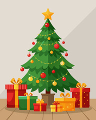 Decorated Christmas Tree with Colorful Presents Underneath