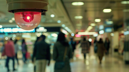 Close-up of surveillance camera with blinking red LED light monitoring retail store aisle, security and monitoring concept for shopping mall or supermarket.