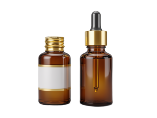 Essential Oil Bottles: A close-up shot of two amber glass bottles, one with a dropper and the other with a golden cap and a label, showcasing a minimalist aesthetic for cosmetic product