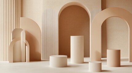 Elegant presentation with beige arches and cylindrical platforms arrangement