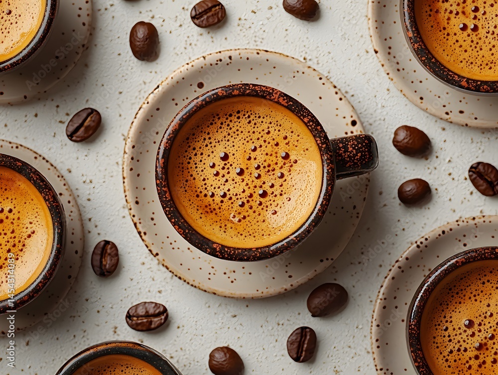 Poster minimalist array of espresso cups and coffee beans