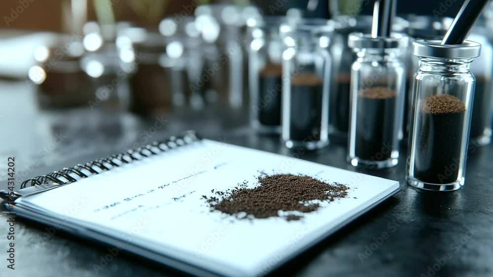 Poster a close-up of a scientist’s notepad, filled with handwritten soil analysis data, next to a set of gl