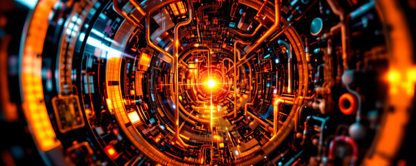 Fototapeta premium Futuristic glowing tunnel with intricate circuitry and bright orange light in center