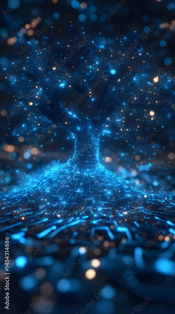 Aufkleber 青色発光粒子が形成する未来的な樹木デジタルアートの背景に輝く光
