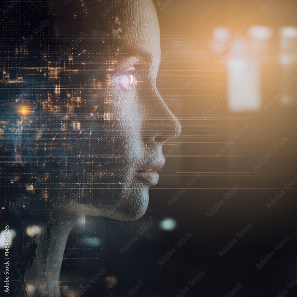 Aufkleber futuristic portrait of a woman with digital elements representing technology and innovation in a mod
