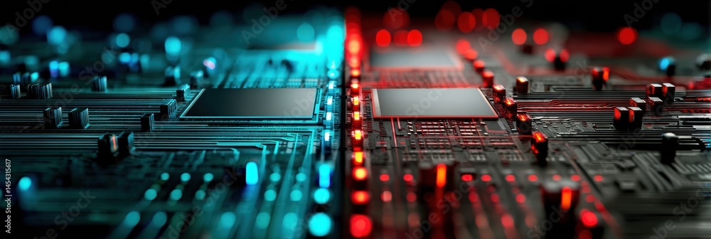 Leinwandbilder Cracked CPU Socket Illuminated by Pulsing Red and Blue Lights in a Dark Electronic Environment Generative AI