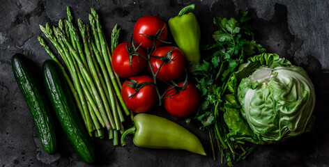 Fresh seasonal vegetables - cabbage, asparagus, peppers, cucumbers, tomatoes on a dark background, top view