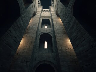 Fototapeta premium Towering stone structure with arched windows, reaching towards the sky, creating a sense of awe and architectural grandeur.