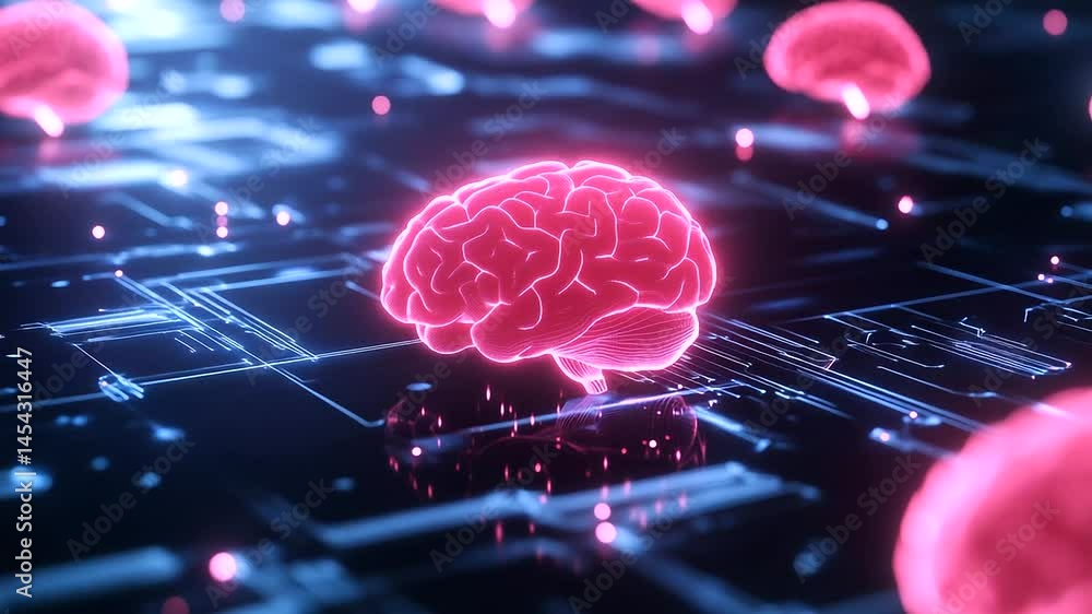 Poster a digital landscape featuring multiple luminescent brains connected by glowing fiber-optic pathways,