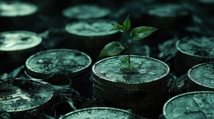 Plant sprouting from coins; economic growth; dark background; financial concept