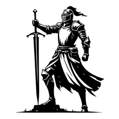 Majestic Medieval Knight: A Black and White Illustration of a Powerful Warrior