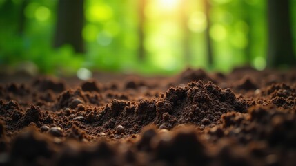 Rich earth mound in a sunlit forest setting, a close-up view of fertile soil texture