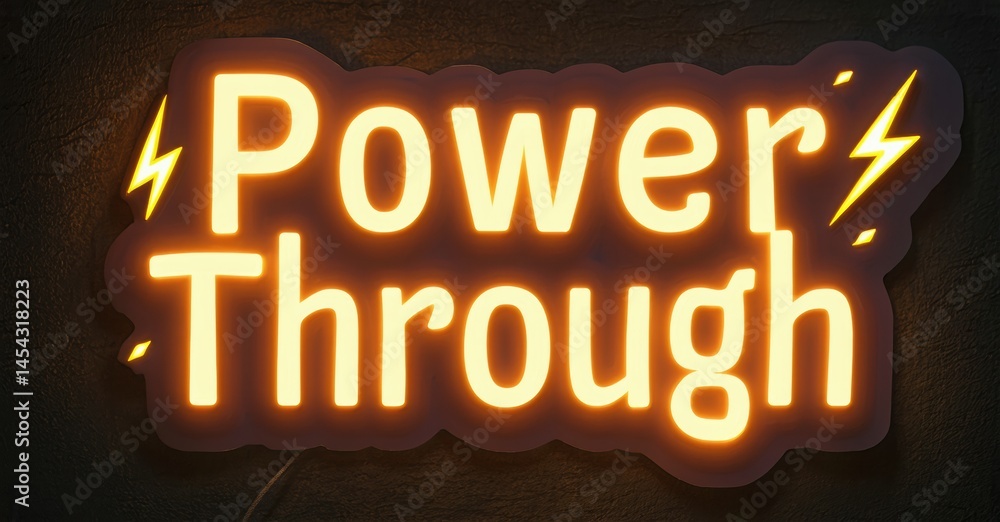 Poster Bright neon sign displays words Power Through. Lightning bolts flank text. Dark background enhances glow, creating bold visual impact.