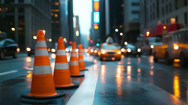 A row of bright orange traffic cones lining a busy city street, signaling a construction zone and highlighting the importance of road safety.