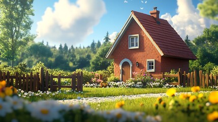 Rustic cottage nestled in a sunlit meadow.
