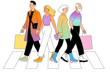 Group of people crossing street with shopping bags