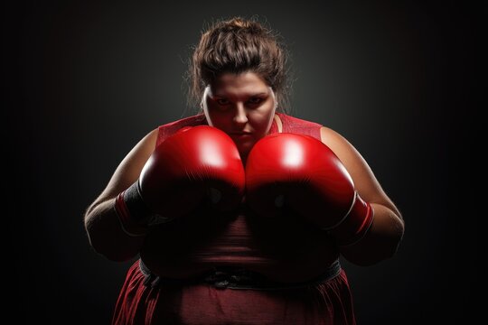Powerful overweight woman boxer in red gloves demonstrates strength and determination against elegant studio background