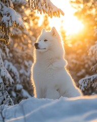 Obraz premium White Samoyed Dog in Snowy Winter Forest