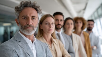 Obraz premium A diverse group of professionals stands confidently in a modern office space. They appear focused and determined, ready to embrace new challenges in their careers as they push towards success