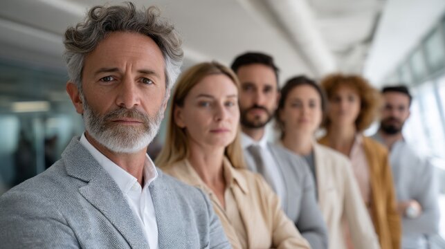 A diverse group of professionals stands confidently in a modern office space. They appear focused and determined, ready to embrace new challenges in their careers as they push towards success