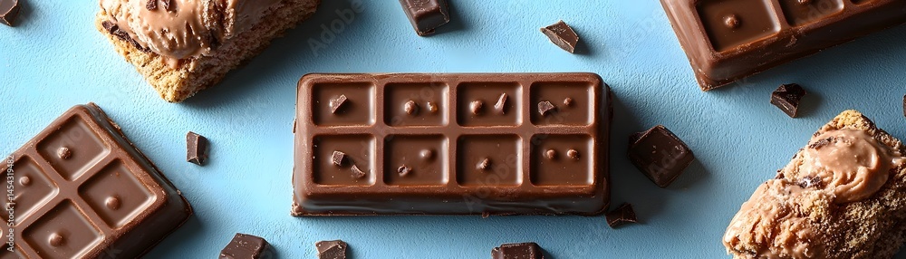 Poster chocolate bars arranged in a cool textured pattern on a soft blue background