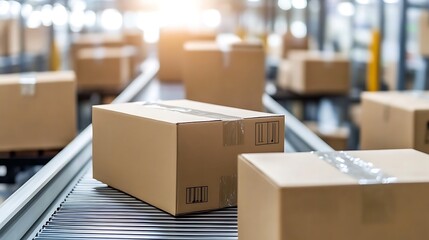 Conveyor Belt of Cardboard Boxes in a Warehouse