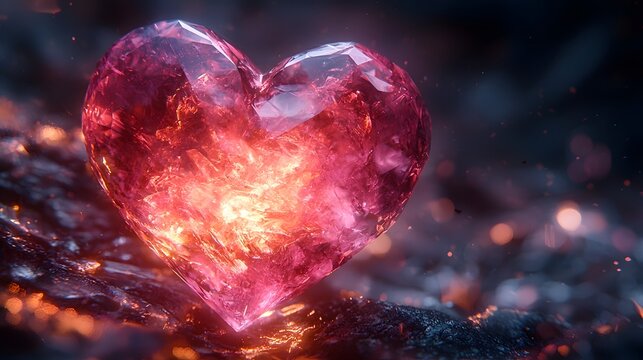 Radiant crystal heart suspended in mid air