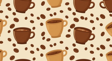 Obraz premium Coffee Cup and Beans Seamless Pattern, Food Illustration