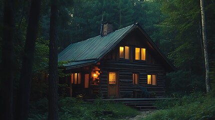 Illuminated log cabin nestled within a dense forest at twilight.