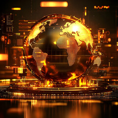 Fototapeta premium Futuristic Golden Globe on Glowing Platform Representing AI and Technology