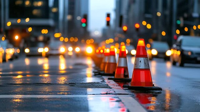 A detailed image of traffic cones marking a city street under construction, where safety signs and bright lights indicate restricted areas and protect commuters.