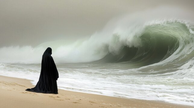 Mysterious figure in black observing powerful waves on a stormy beach at dusk