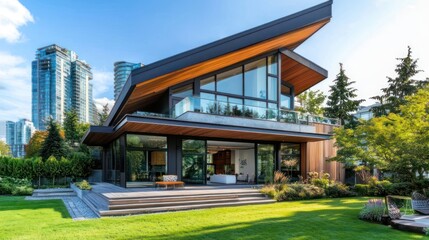Geometric modern house with angular roof and large, open spaces, city skyline background