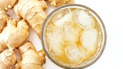 Ginger ale in glass with ice, top-down view, isolated cleanly on white