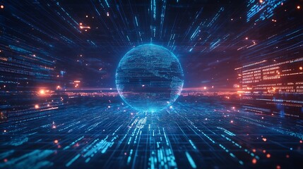 Digital sphere surrounded by a network of data streams.