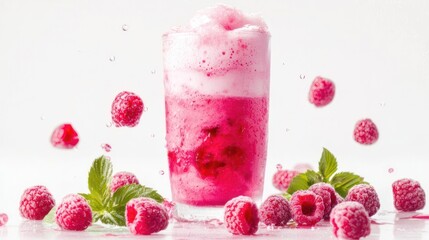 Glass of raspberry soda with pink foam, chilled and fizzy, white background