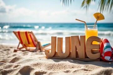 Wooden JUNE letters on a tropical beach with orange juice and chair.