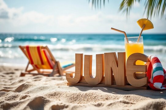 Wooden JUNE letters on a tropical beach with orange juice and chair.