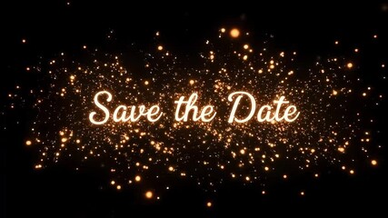 Save the date animation with golden sparkles for wedding invitation and event promo