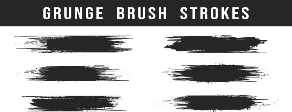 Six grunge brush strokes feature ragged edges displayed on a transparent background. Black brush marks. Hand drawn grunge texture