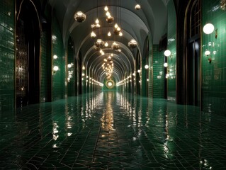 Emerald Hall: A sleek, arched hallway with reflective green tiles and glowing orbs creating a dramatic, modern passage.