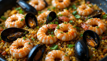 Close-up of a colorful seafood paella with glistening shrimp, open mussels, and golden saffron rice, richly textured, ultra-realistic