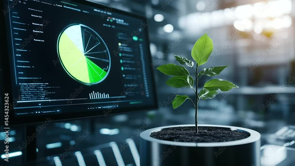 Poster a high-tech financial presentation screen displaying a holographic pie chart with a delicate sapling