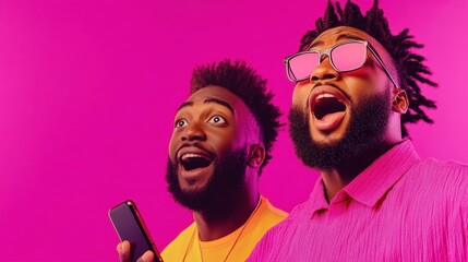Two excited men wearing sunglasses, enjoying a moment of surprise against a vibrant pink background