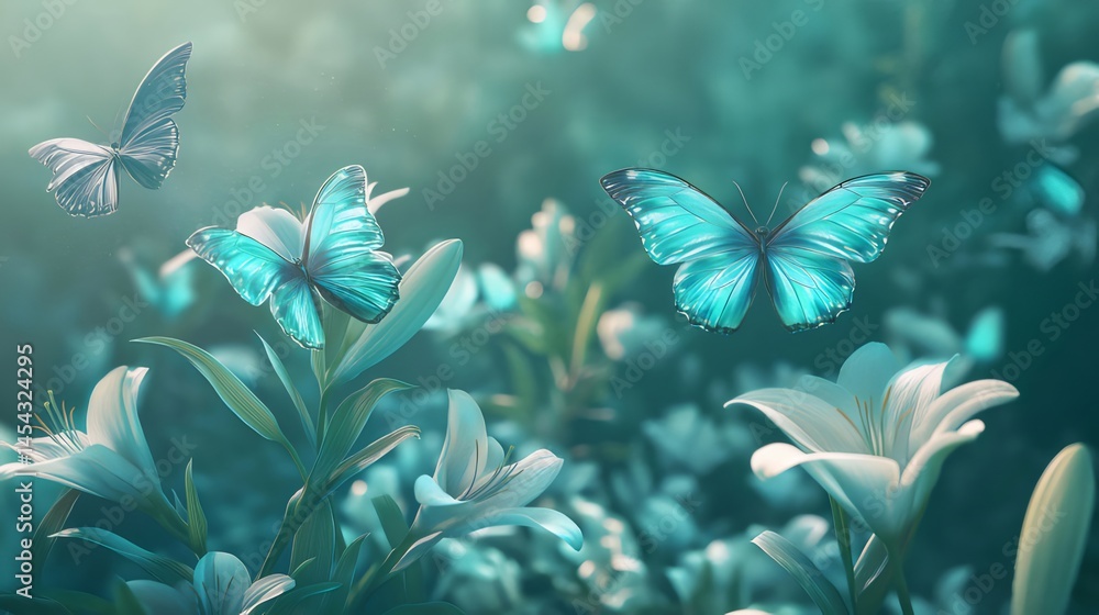 Aufkleber 鮮やかな青い蝶と白いユリの花の庭 自然光の中の幻想的な風景