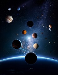 deep space at night, with many planets