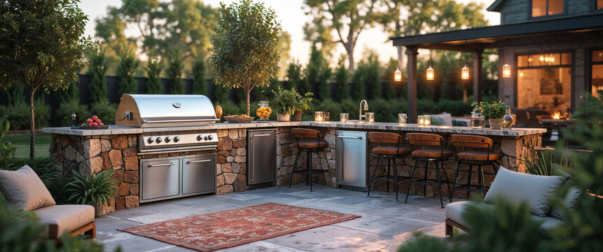 Luxurious outdoor kitchen and barbecue grill for backyard entertaining and dining