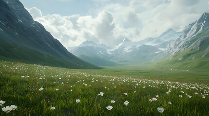 Fototapeta premium A vast valley carpeted in wildflowers, nestled between towering, snow-capped mountains, bathed in soft sunlight