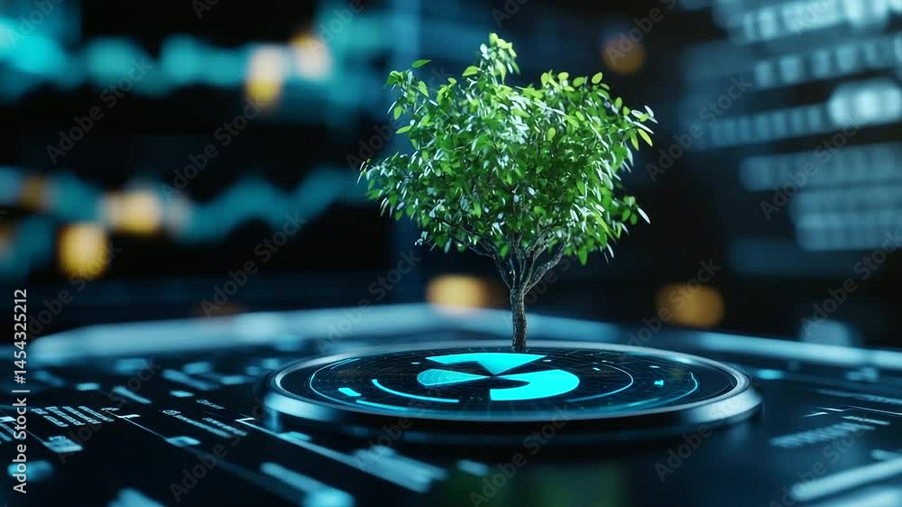Poster a futuristic financial news broadcast featuring a d pie chart hologram with a digital tree growing f