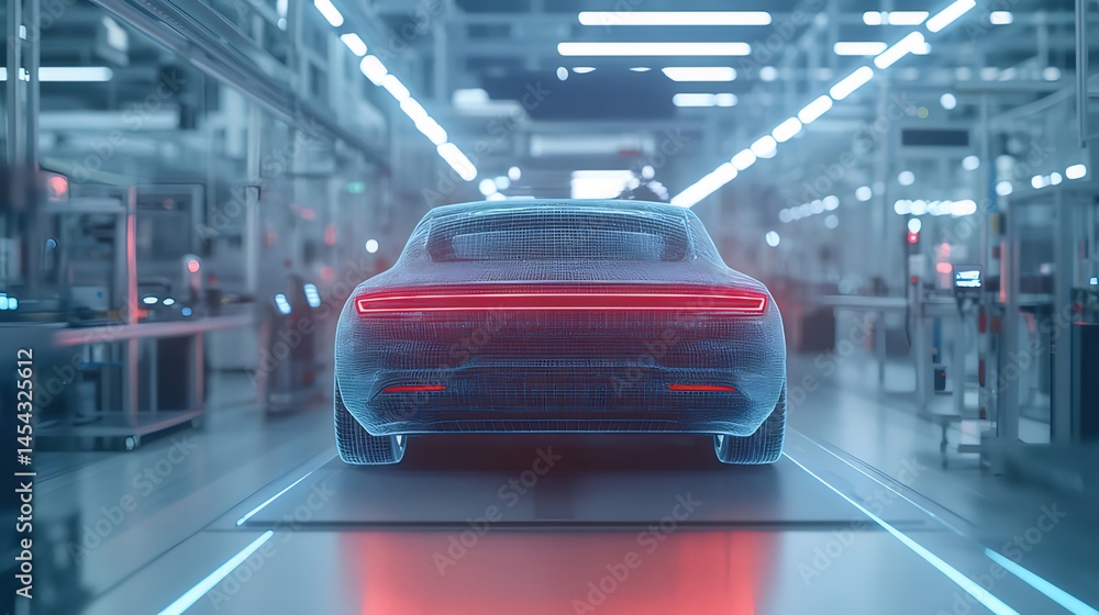 Aufkleber 未来的な自動車製造工場における青色の光と影の車体デザインの描写